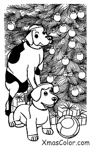 Navidad / Decoración de árboles de Navidad: Un perro que juega bajo el árbol de Navidad