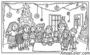 Navidad / Espíritu de Navidad: Una familia reunida alrededor del árbol de Navidad sonriendo y riendo