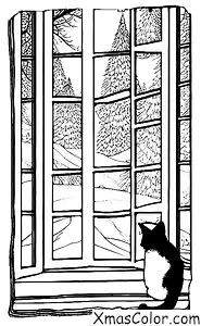 Navidad / Navidad con animales: Un gato mirando por la ventana en la escena invernal nevada