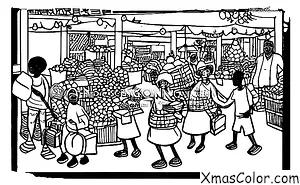 Navidad / Navidad en África: Una Escena de Mercado con Gente Vendiendo y Comprando Regalos de Navidad