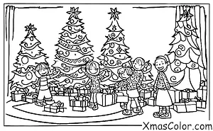 Navidad / Navidad en América: Una familia reunida alrededor del árbol de Navidad, abriendo regalos