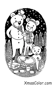 Navidad / Navidad en la montaña: Una familia de osos que tiene un picnic en la nieve