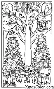 Navidad / Obras de Navidad: Un grupo de personas que decoran un árbol de Navidad