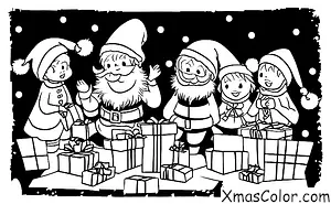 Navidad / Paisaje Invernal: Santa y sus elfos empacando regalos