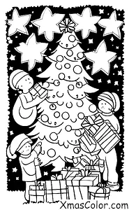 Navidad / Tradiciones en Navidad: Una familia que abre los regalos alrededor del árbol de Navidad